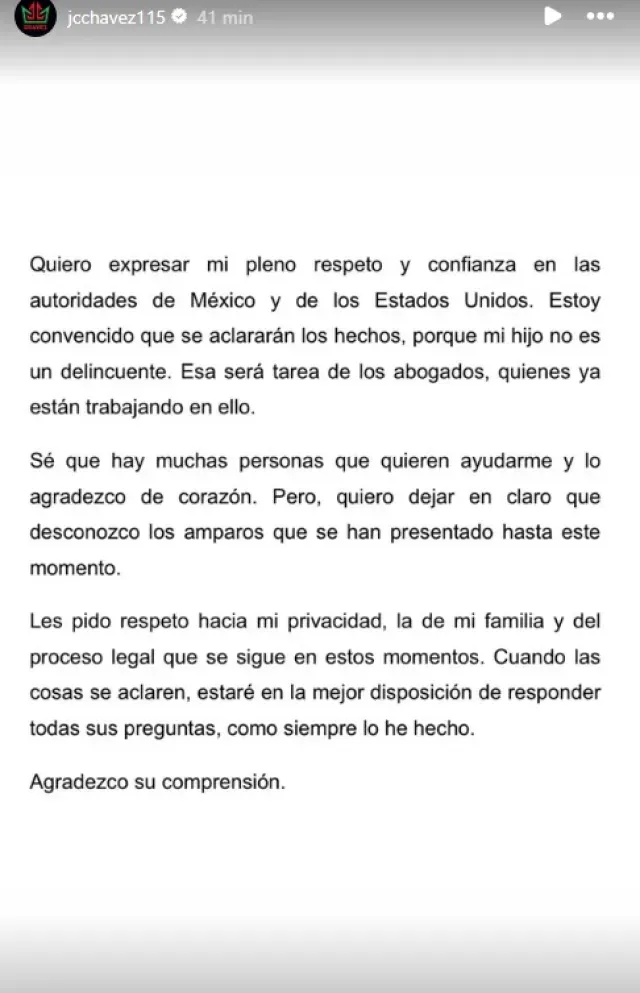 Mensaje de Julio César Chávez en su cuenta de Instagram